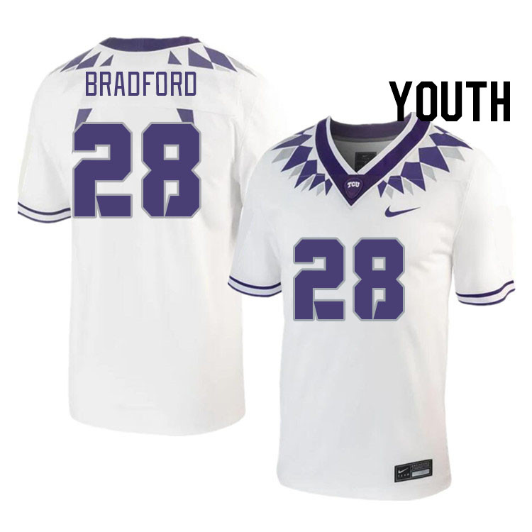 Youth #28 Millard Bradford TCU Horned Frogs 2023 College Footbal Jerseys Stitched-White - Click Image to Close